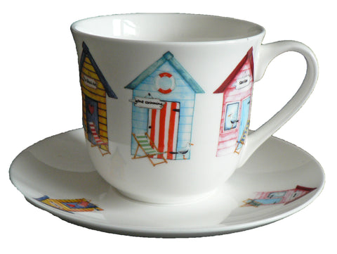 Beach Hut cup and saucer set. Bone china cup and saucer decorated all round with colourful beach huts