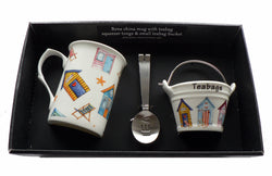 Beach Hut mug, teabag tidy bucket and teabag squeezer tongs gift boxed
