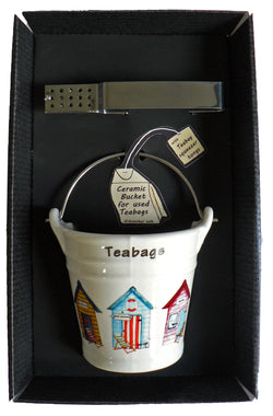 Beach hut bucket shaped Teabag tidy & tongs in gift tray shrink wrapped