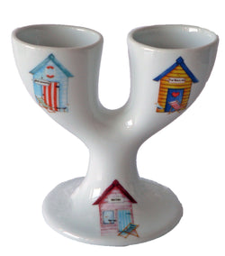 Beach hut design double egg cups. Porcelain eggcup designed for 2 boiled eggs