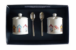 Beach hut design preserve jars- set of 2 bone china preserve jars decorated with colourful beach huts- gift boxed with spoons