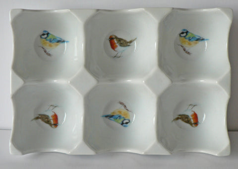 Birds design Ceramic 6 egg holder egg tray with robin and bluetit design