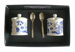 Blue willow preserve jars - set of 2 bone china preserves decorated with blue willow pattern with spoons
