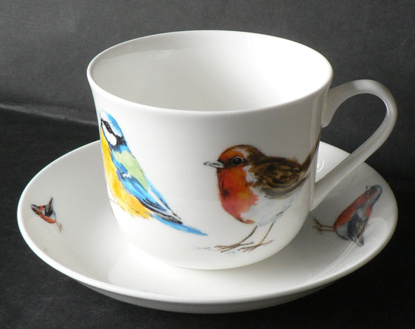 Garden Birds LARGE Breakfast cup and saucer set.