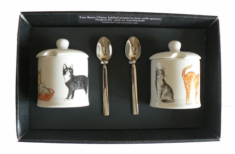 Cats preserve jars - set of 2 gift boxed bone china preserve jars decorated with cute cats and kittens all round
