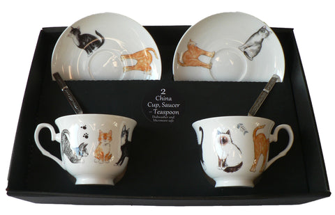 Cats set of 2 cups and saucers gift boxed with teaspoons
