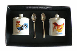 Bone China chicken design preserve jars, gift boxed set of two with spoons
