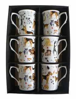 Dogs Chintz Bone china mugs -set of 6 boxed different dogs all around each mug
