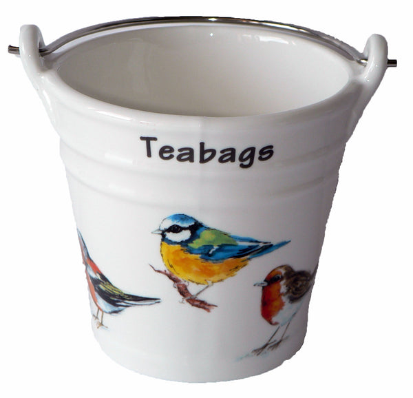 Garden Birds Design Bucket Teabag Tidy, Porcelain Bucket Teabag Tidy