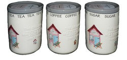 Beach Hut design Ceramic Tea Sugar Coffee Storage Jars -Set of 3 canisters with colourful beach huts Pattern All Round