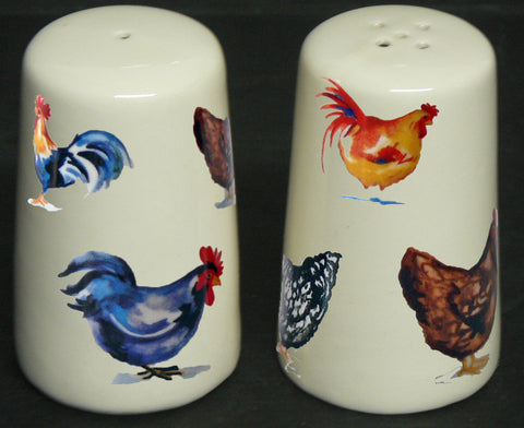 Chicken salt & pepper cruet set Cream shakers with different chickens around each piece