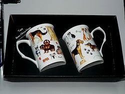 Dogs mug gift set 2x bone china mugs with many diff dogs print in black gift box