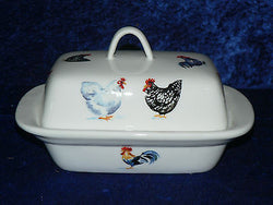 Colourful Cockrels, Chicken porcelain deep white butter dish different chickens