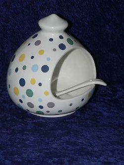 Spots design salt pig. Large porcelain salt pig with ceramic spoon spots design