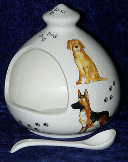Fun large size Dog dogs salt pig. Fine white porcelain with ceramic spoon