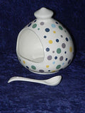Spots design salt pig. Large porcelain salt pig with ceramic spoon spots design