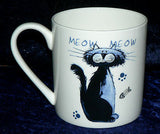 Cat 1 pint bone china mug. Blue cartoon cats different around mug
