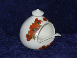 Poppy Salt pig & ceramic spoon  White porcelain decorated with colourful poppies
