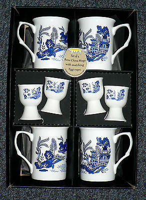 Blue willow pattern china mugs & egg cups - set of 4 gift boxed mugs & eggcups
