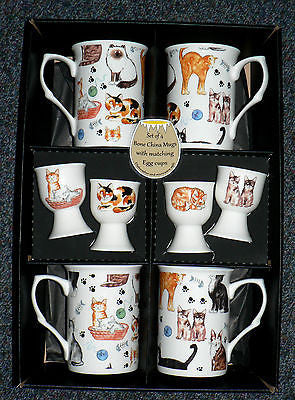 Cats & kittens china mugs & egg cups - set of 4 gift boxed mugs & eggcups