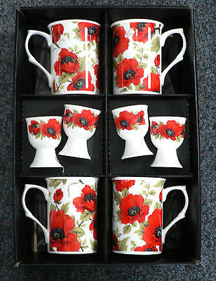 Poppy Bone china mugs & egg cups - set of 4 gift boxed mugs & matching eggcups