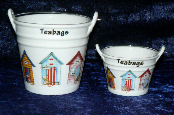 Beach hut teabag tidy Bucket, used teabag holder, decorated with beach huts in choice of 2 sizes