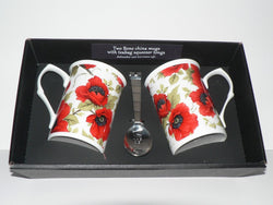Poppy Mug & teabag squeezer.Bone china mug with stainless teabag tongs - options
