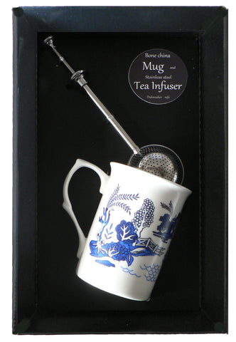 Blue willow pattern bone china mug with stainless steel tea infuser gift boxed