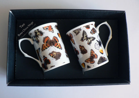 Butterfly mug gift set 2x bone china mugs with butterfly print in black gift box