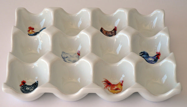 Chicken cockrel rooster design Ceramic 6 or 12 egg holder egg tray 2 sizes