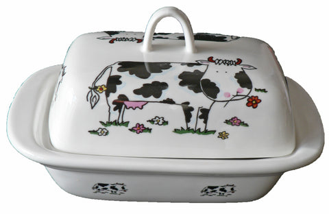 Farmyard cows colourful porcelain traditional deep white butter dish