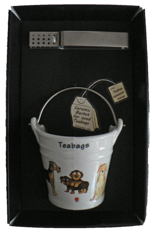 Dogs bucket shaped Teabag tidy used teabag holder & tongs in gift tray shrink wrapped