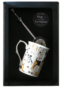 Dog bone china mug with stainless steel tea infuser gift boxed