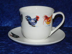 Bone china cup and saucer decorated with chickens, cockerels, roosters, hens