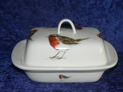 Robin red breast birds colourful porcelain traditional deep white butter dish