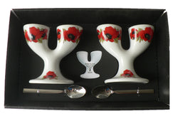 Poppy double egg cups - 2 ceramic egg cups with spoons gift boxed