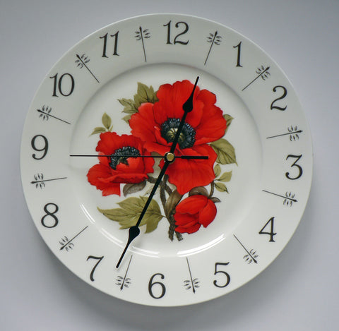 Poppy design 11" large ceramic wall clock - Beautiful bright red