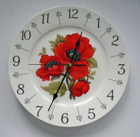 Poppy design 11" large ceramic wall clock - Beautiful bright red
