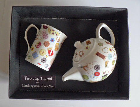 Sewing, needlework 2 cup teapot,with matching bone china mug - gift boxed.