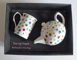 Spots 2 cup teapot,with matching bone china mug - gift boxed. Dots polka dots
