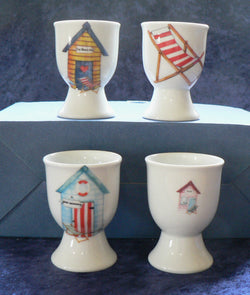 Beach Huts egg cups eggcups porcelain set of 4 different in each set -