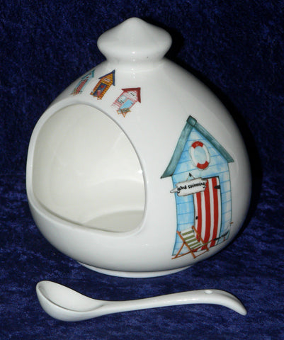 Beach Huts salt pig. Large salt pig decorated with beach huts & ceramic spoon