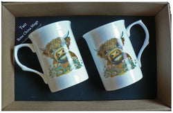 HIghland cow set of 2 matching bone china mugs gift boxed