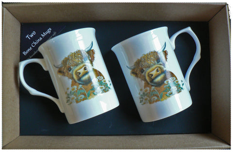 HIghland cow set of 2 matching bone china mugs gift boxed