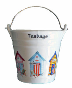 Beach hut teabag tidy large Bucket, decorated with beach huts