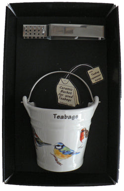 Birds Teabag Tidy Bucket with Teabag Squeezer Tongs - Gift Boxed