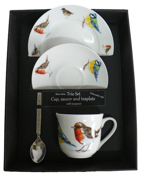 Birds trio set. cup & saucer with teaspoon and matching tea plate gift boxed