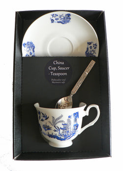Blue willow pattern cup and saucer set boxed bone china gift boxed set wtih teaspoon