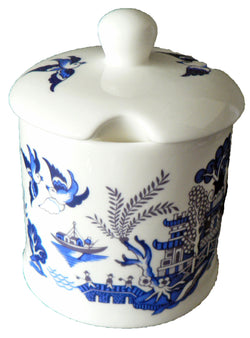 Blue willow pattern, bone china preserve, jam mamalade pot container