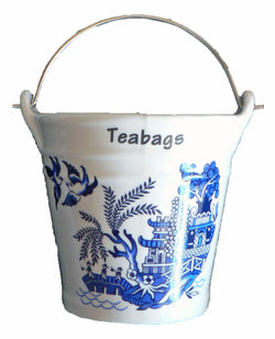 Blue willow teabag tidy large Bucket, decorated with willow pattern
